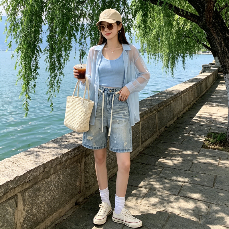 2026夏季抽繩破洞潑墨五分牛仔女高腰闊腿淺藍色寬松顯瘦百搭中褲