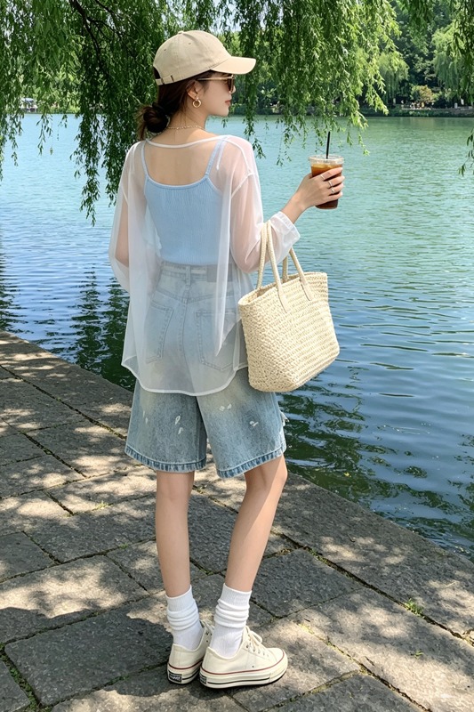 2026夏季抽繩破洞潑墨五分牛仔女高腰闊腿淺藍色寬松顯瘦百搭中褲