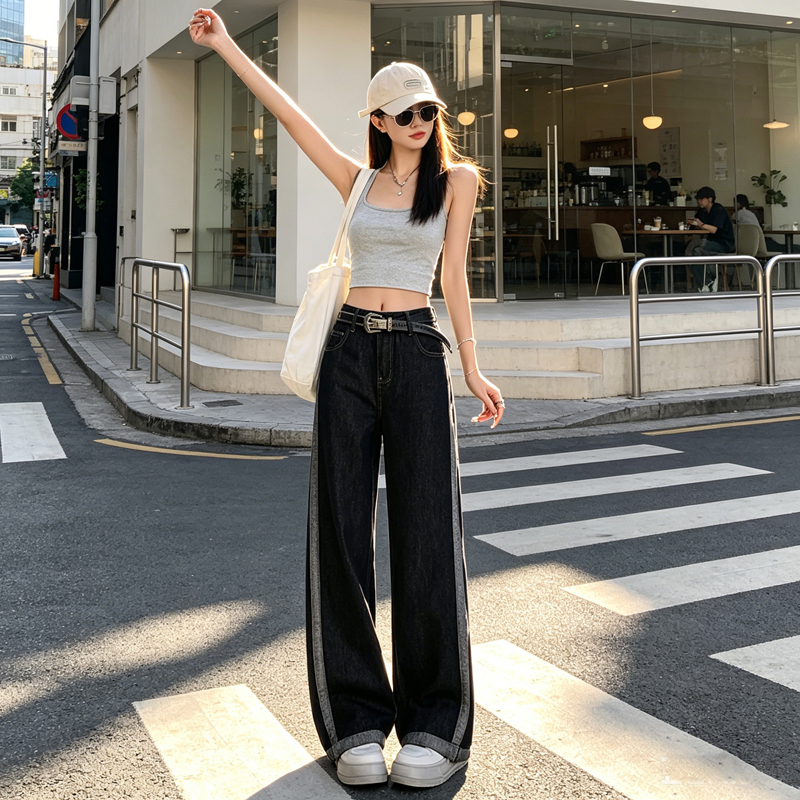 復古撞色側邊條紋牛仔闊腿褲女高腰顯瘦垂墜感寬松卷邊拖地褲長褲
