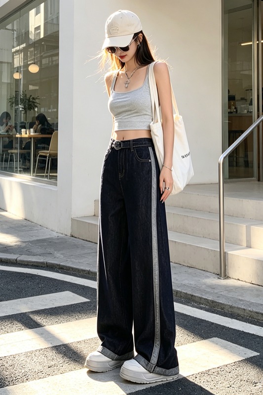 復古撞色側邊條紋牛仔闊腿褲女高腰顯瘦垂墜感寬松卷邊拖地褲長褲