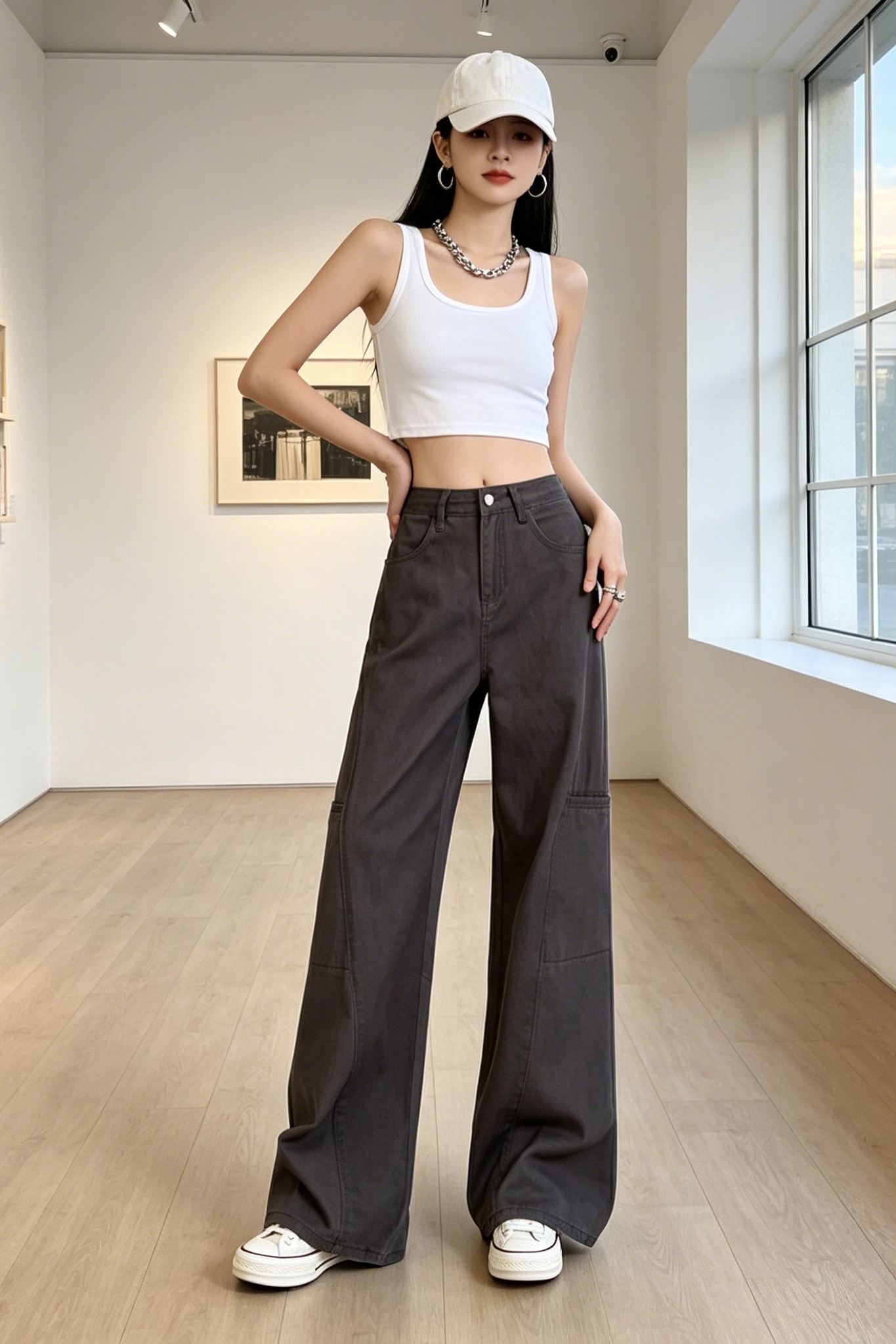 日系卡其大口袋闊腿工裝褲女高腰寬松遮胯垂墜感小個子拖地休閑褲
