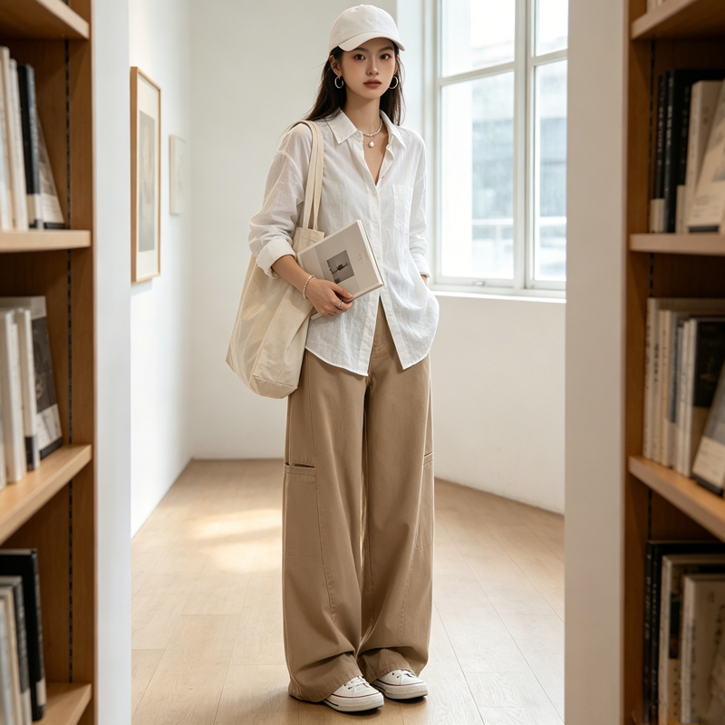 日系卡其大口袋闊腿工裝褲女高腰寬松遮胯垂墜感小個子拖地休閑褲