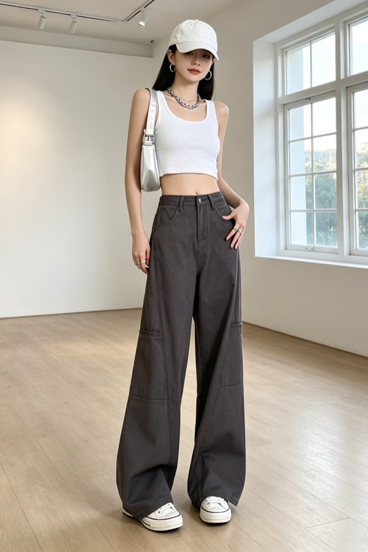 日系卡其大口袋闊腿工裝褲女高腰寬松遮胯垂墜感小個子拖地休閑褲