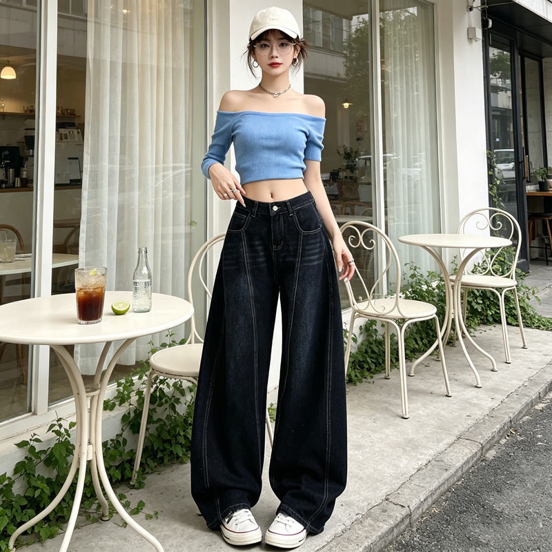 高腰深色闊腿牛仔褲女春秋新款顯瘦遮胯寬松垂墜感拖地直筒長褲子