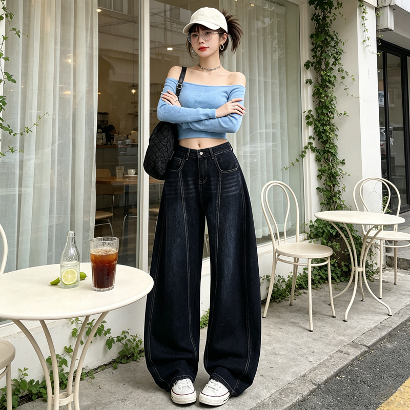 高腰深色闊腿牛仔褲女春秋新款顯瘦遮胯寬松垂墜感拖地直筒長褲子