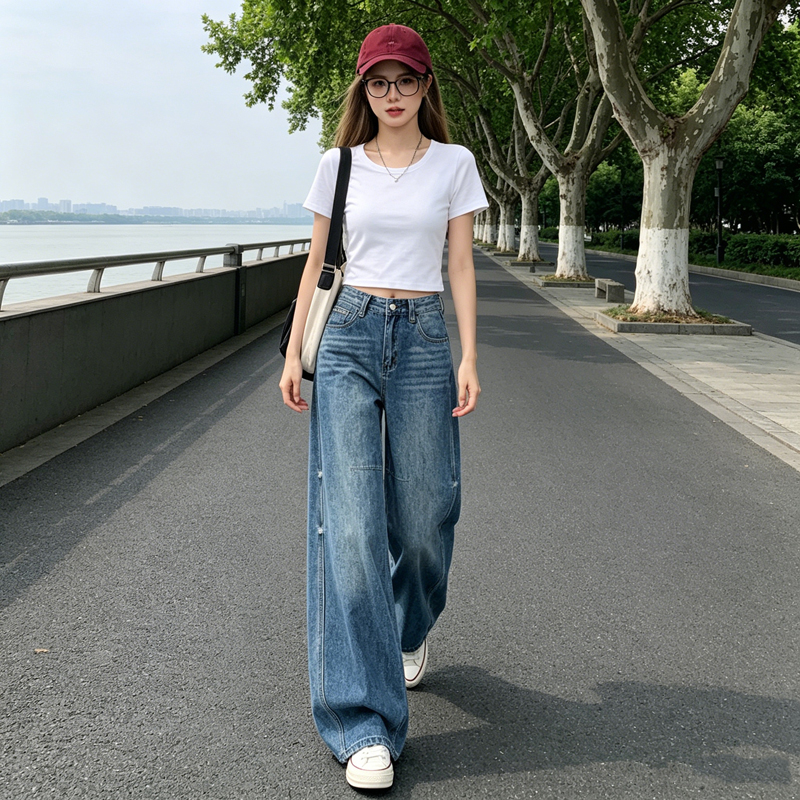 美式高街闊腿牛仔褲女高腰復古水洗做舊寬松顯瘦垂感拖地直筒長褲