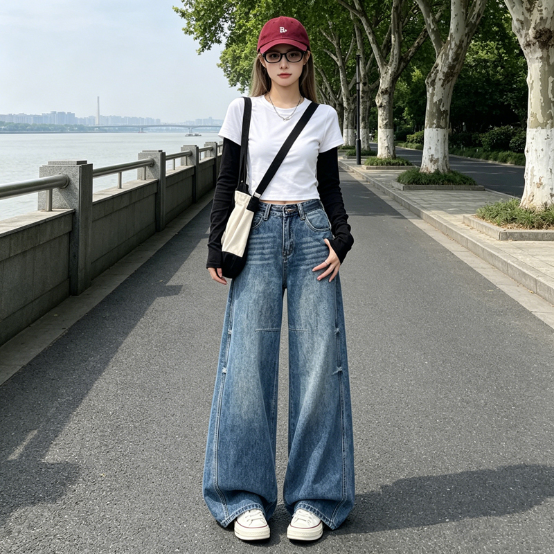 美式高街闊腿牛仔褲女高腰復古水洗做舊寬松顯瘦垂感拖地直筒長褲