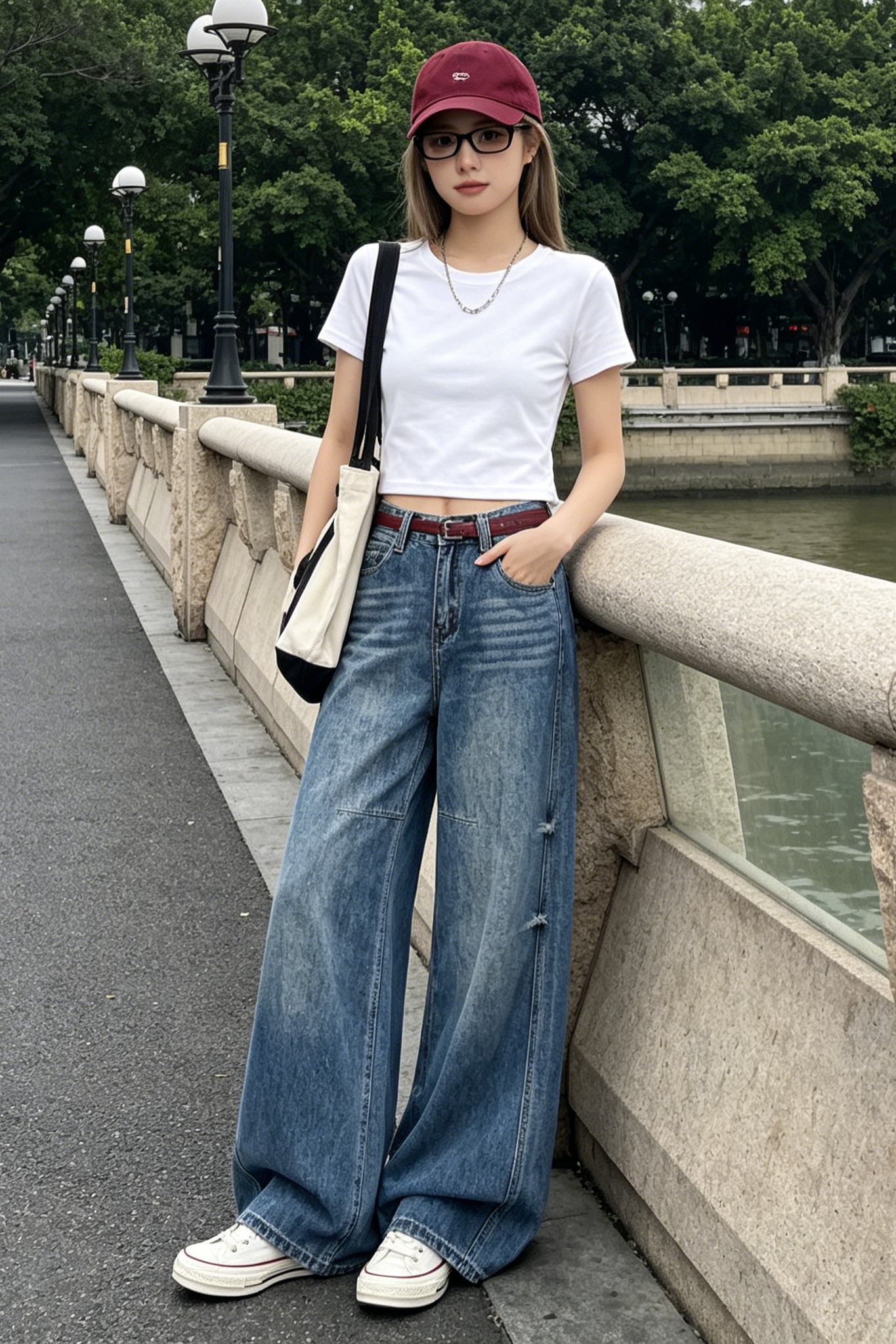美式高街闊腿牛仔褲女高腰復古水洗做舊寬松顯瘦垂感拖地直筒長褲