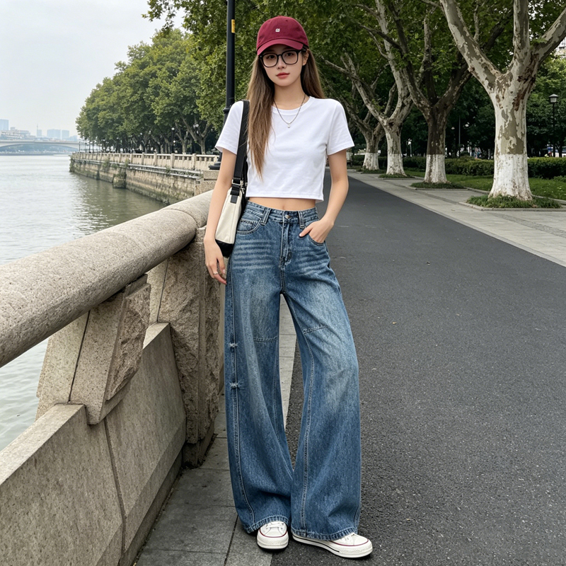 美式高街闊腿牛仔褲女高腰復古水洗做舊寬松顯瘦垂感拖地直筒長褲