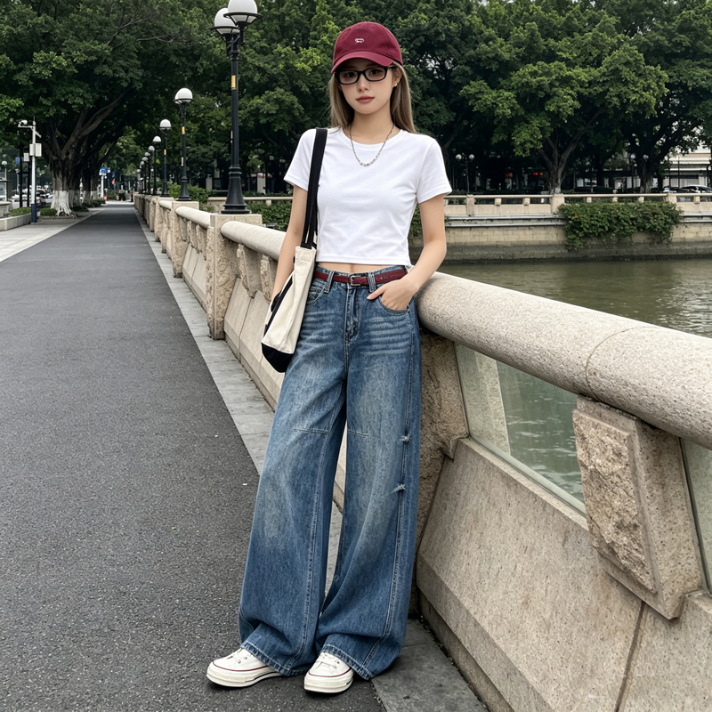 美式高街闊腿牛仔褲女高腰復古水洗做舊寬松顯瘦垂感拖地直筒長褲