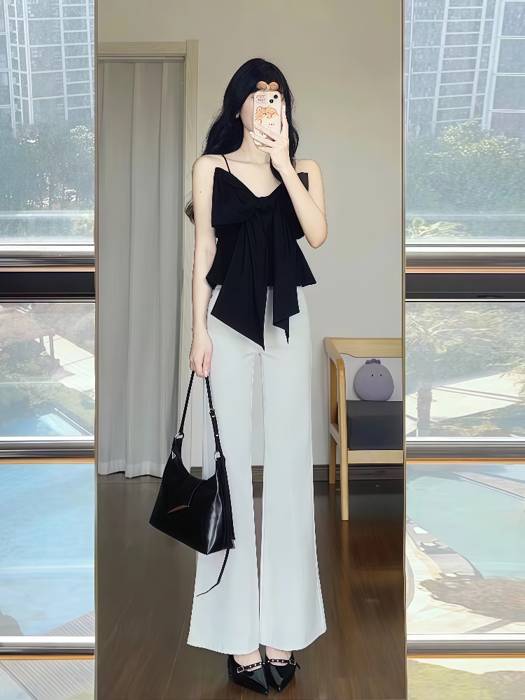 FA32872# 法式赫本风独特绝美小上衣女夏季高腰阔腿裤子大方得体穿搭两件套 服裝批發女裝批發服飾貨源
