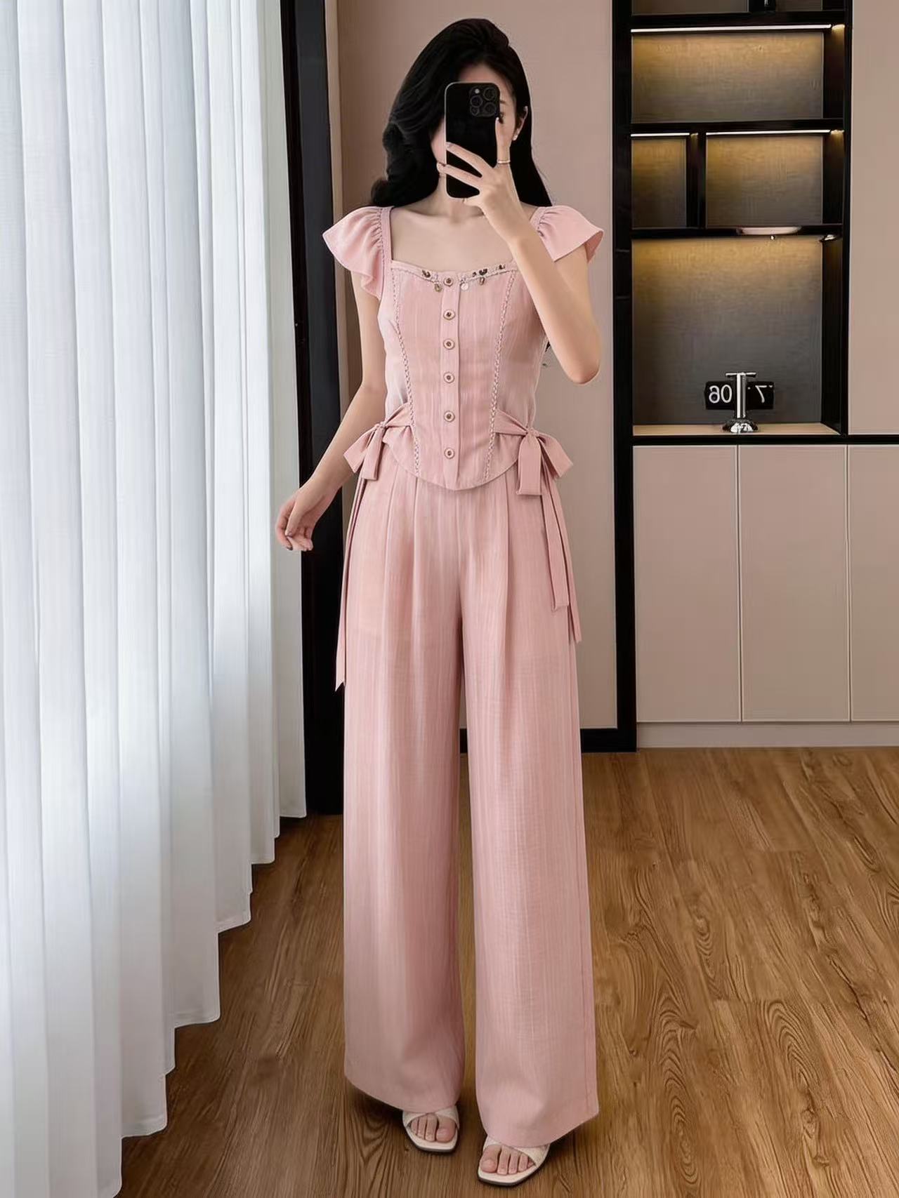 RY3111# 实拍大码新款夏季时尚气质显瘦收腰荷叶袖绑带衬衫阔腿裤两件套