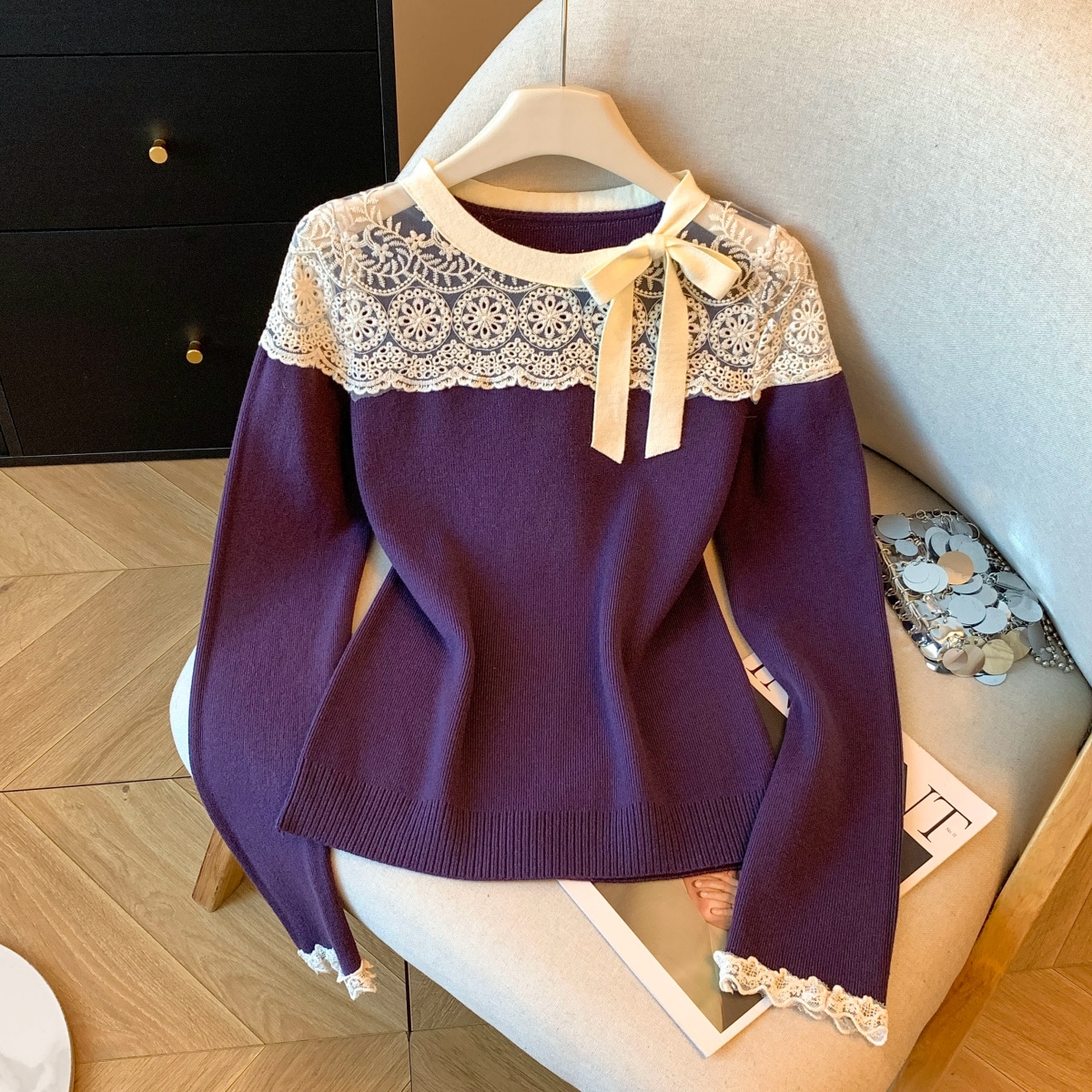 MY15004# 法式小香风蕾丝拼接毛衣女秋冬季独特别致内搭羊绒针织打底衫女裝貨源服裝批發