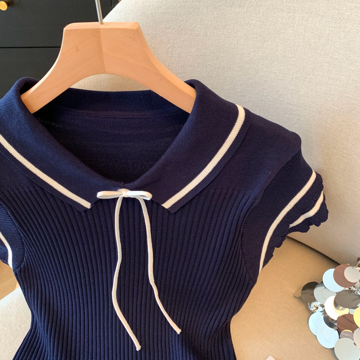 實拍夏季新款甜美氣質翻領系帶飛飛袖弧形收腰冰爽絲針織上衣女