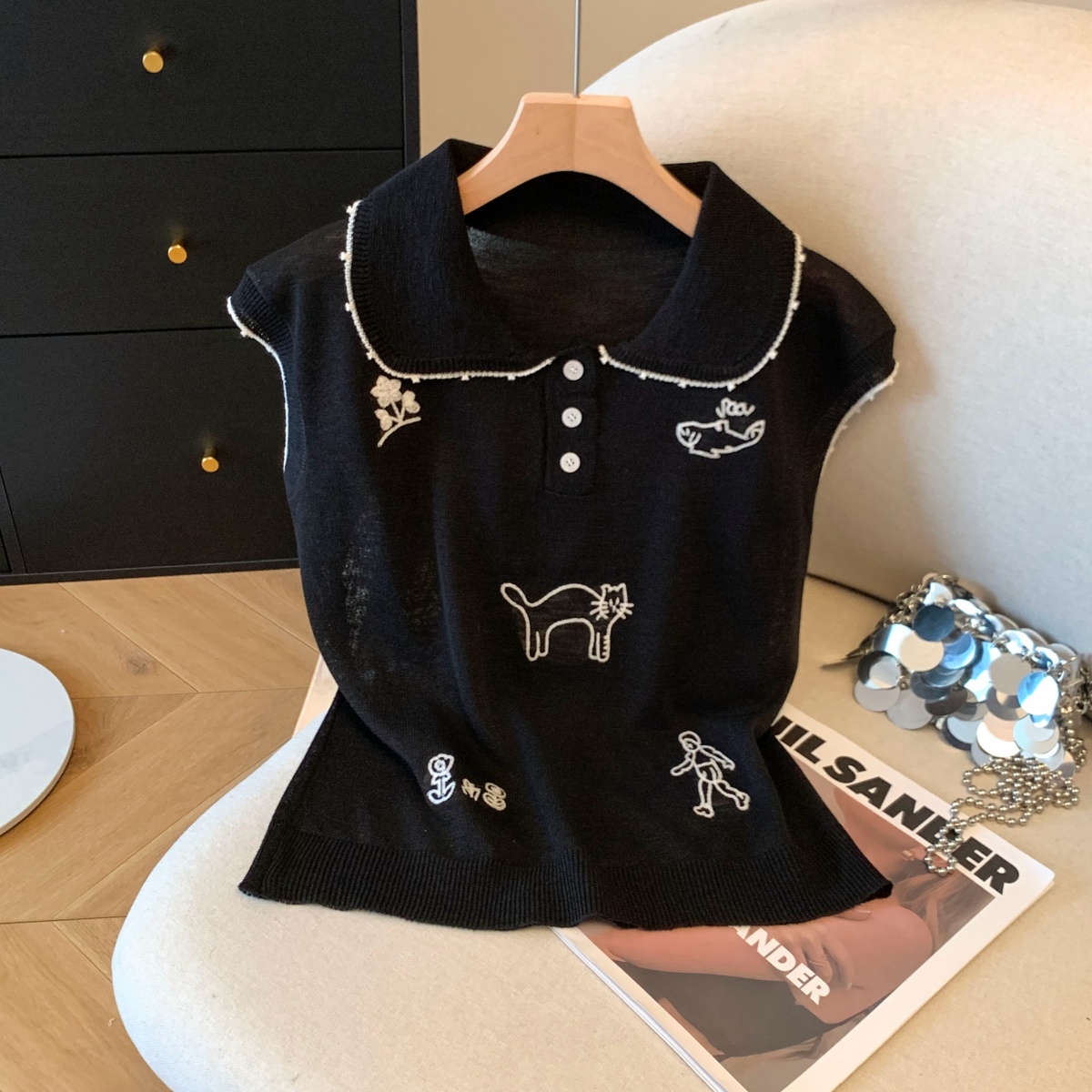 實拍2026新款polo領可愛刺繡針織衫女寬松百搭短袖短款上衣