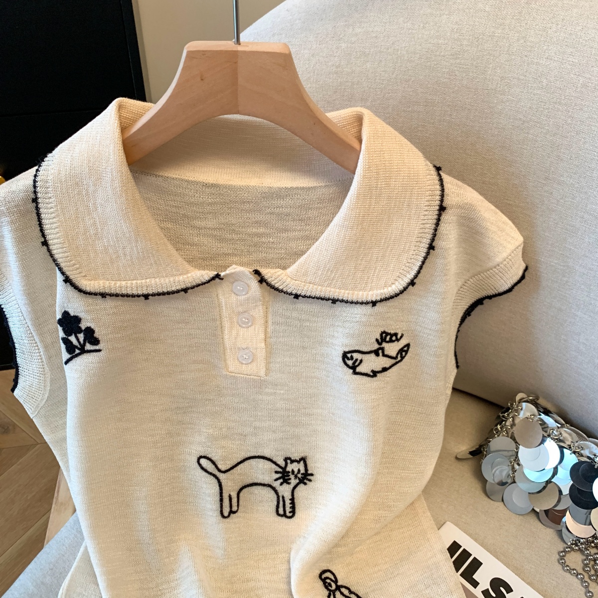 實拍2026新款polo領可愛刺繡針織衫女寬松百搭短袖短款上衣