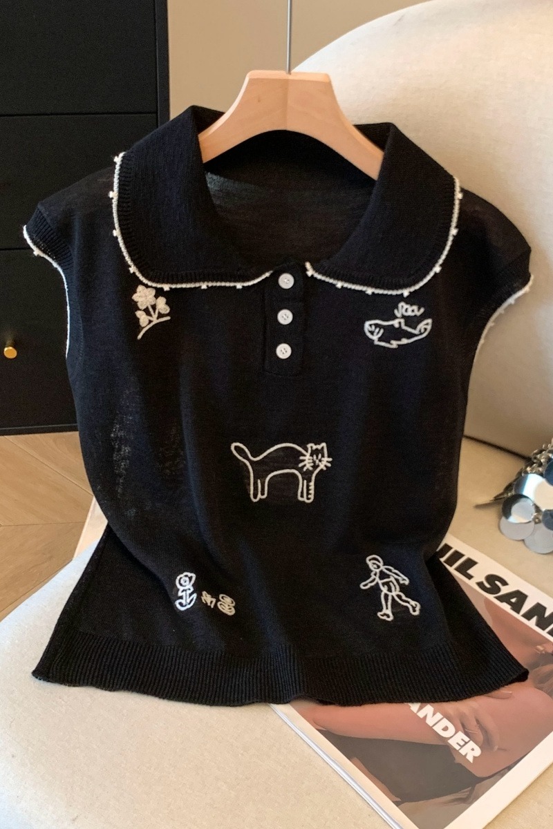 實拍2026新款polo領可愛刺繡針織衫女寬松百搭短袖短款上衣