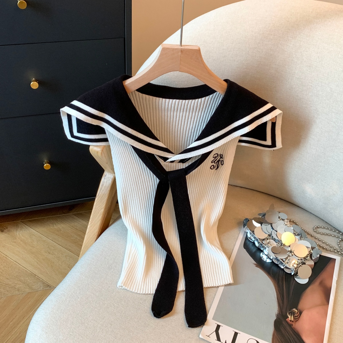 實拍美式復古撞色海軍領字母刺繡針織背心配領帶無袖背心小上衣