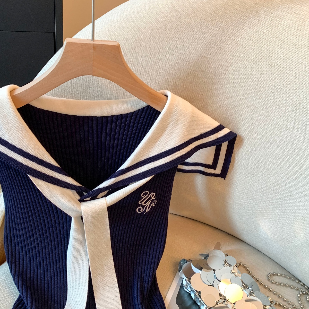 實拍美式復古撞色海軍領字母刺繡針織背心配領帶無袖背心小上衣