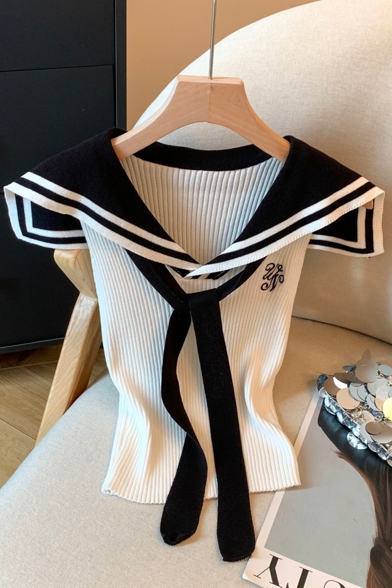 實拍美式復古撞色海軍領字母刺繡針織背心配領帶無袖背心小上衣