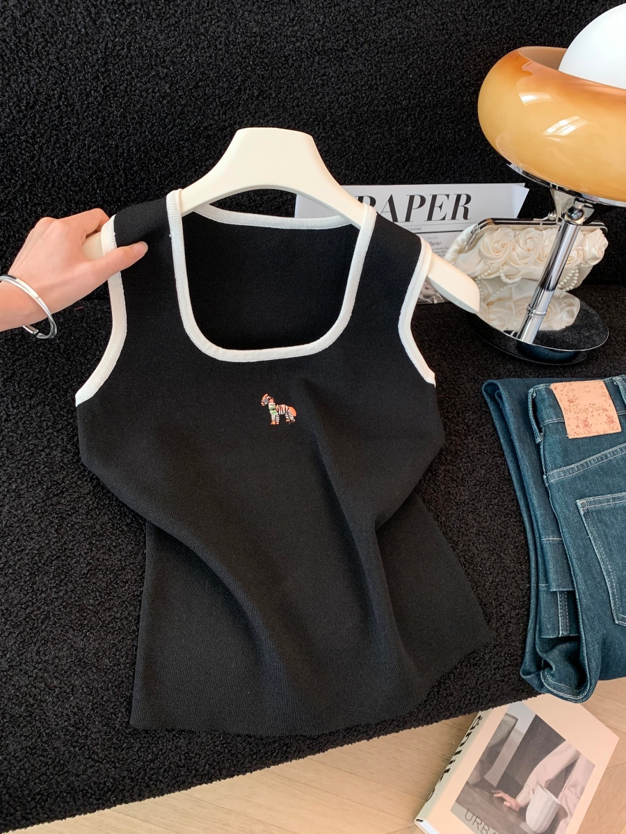 實拍撞色方領吊帶背心女夏外穿彩色小馬刺繡顯瘦百搭內搭針織上衣