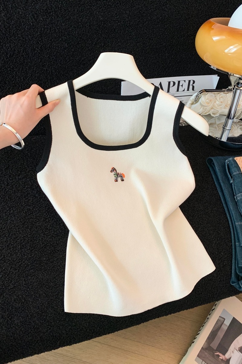 實拍撞色方領吊帶背心女夏外穿彩色小馬刺繡顯瘦百搭內搭針織上衣