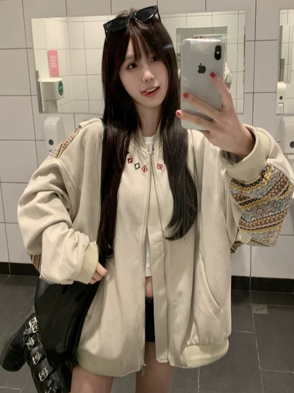 MY16785# 刺绣美式复古民族风织带拼接夹克女设计感小众宽松外套潮女裝貨源服裝批發