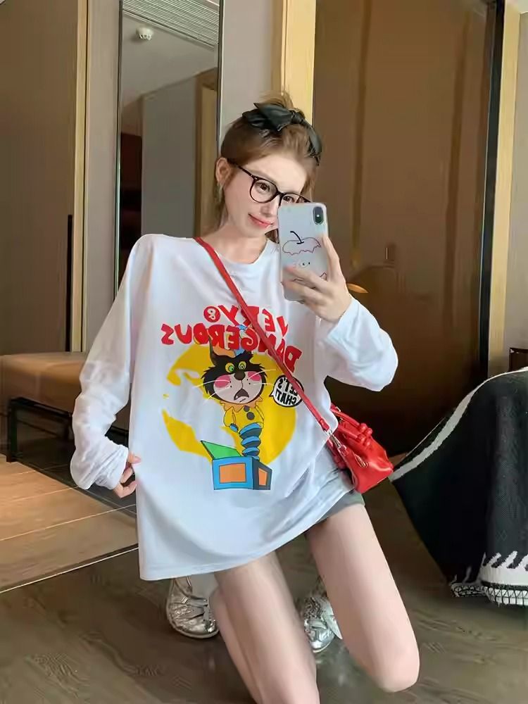 RY7378# 纯棉 秋装长袖T恤女宽松上衣印花