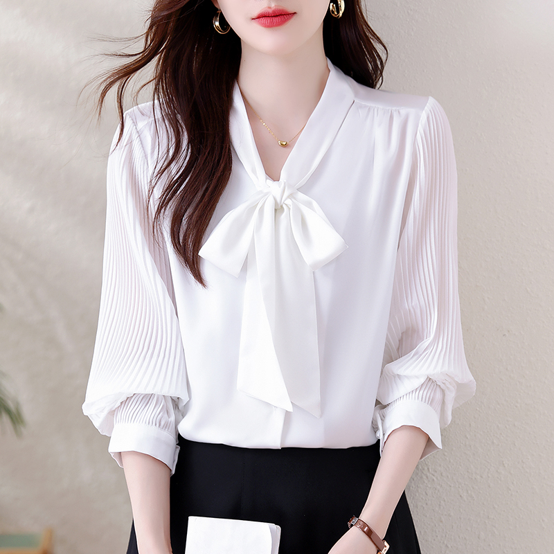 MY13548# 新款通勤白色v领飘带蝴蝶结缎面女士百褶袖长袖衬衫女裝貨源...