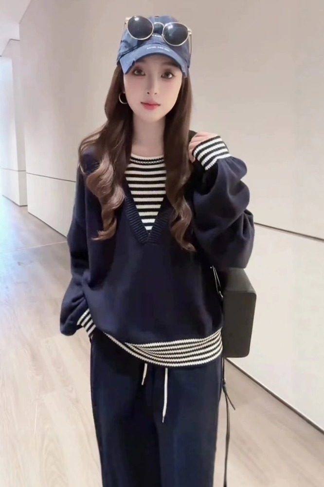 MY15559#假两件拼接条纹撞色针织衫新款韩系气质宽松上衣女裝貨源服裝批...