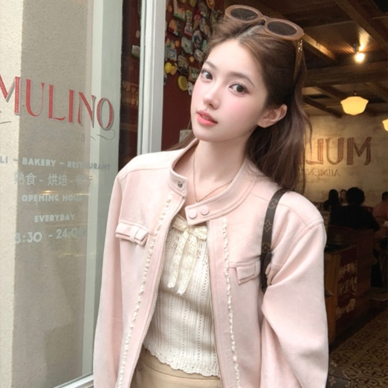 MY17028# 韩系短款长袖粉色廓形麂皮外套女美式棒球服夹克显白上衣女裝貨源服裝批發