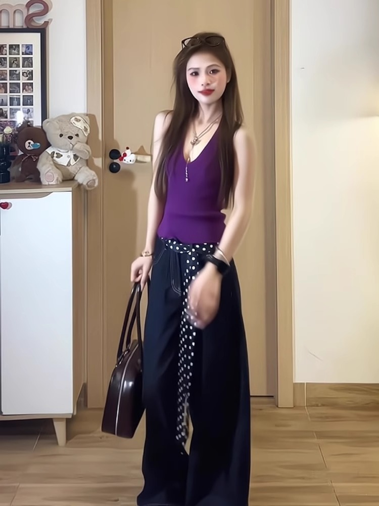 紫色掛脖背心女夏季新款修身海邊辣妹純欲ins風性感短款吊帶上衣
