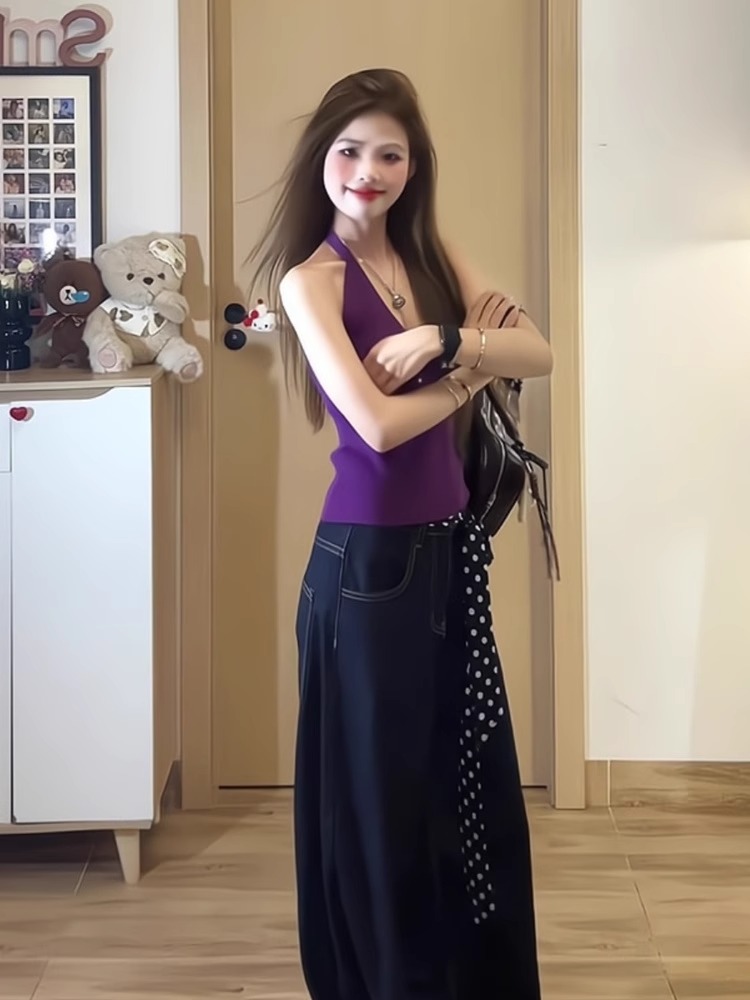 紫色掛脖背心女夏季新款修身海邊辣妹純欲ins風性感短款吊帶上衣