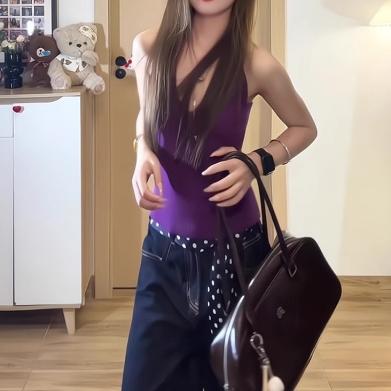 紫色掛脖背心女夏季新款修身海邊辣妹純欲ins風性感短款吊帶上衣