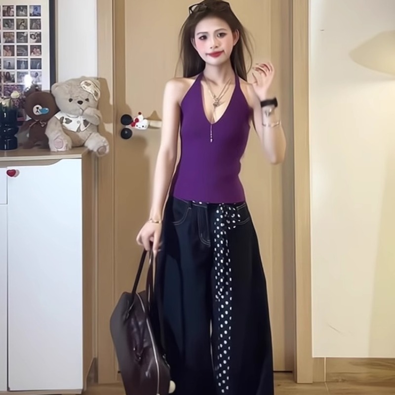 紫色掛脖背心女夏季新款修身海邊辣妹純欲ins風性感短款吊帶上衣