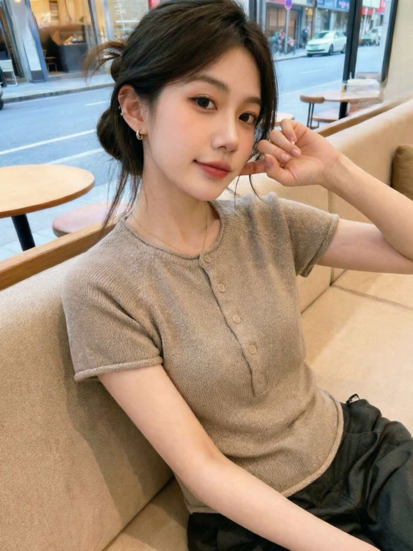 圓領短袖女冰絲針織衫時尚洋氣百搭修身顯瘦半開領紐扣上衣小衫夏
