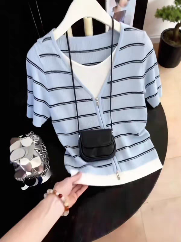 韓系條紋假兩件針織短袖女夏季大碼微胖MM顯瘦設計感小眾氣質上衣