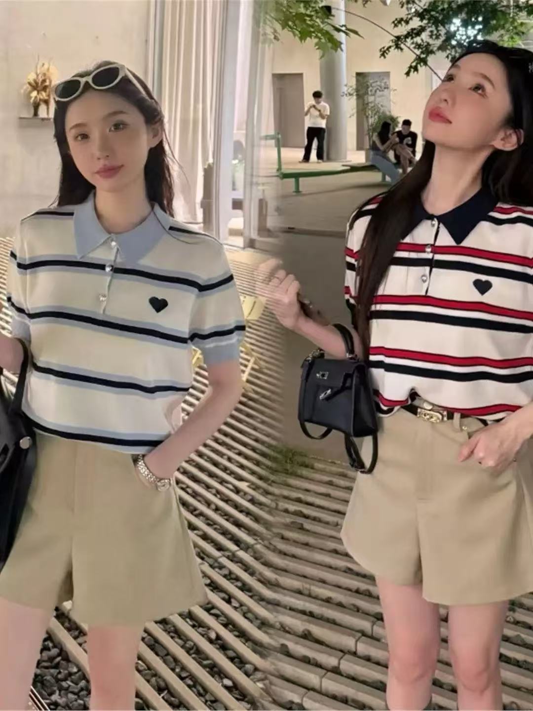 夏季新款POLO針織衫女韓系設計感條紋愛心甜美學院風ins上衣