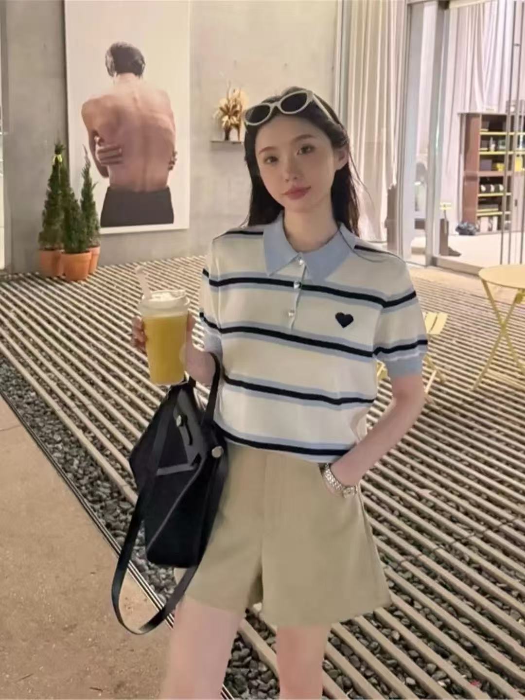 夏季新款POLO針織衫女韓系設計感條紋愛心甜美學院風ins上衣