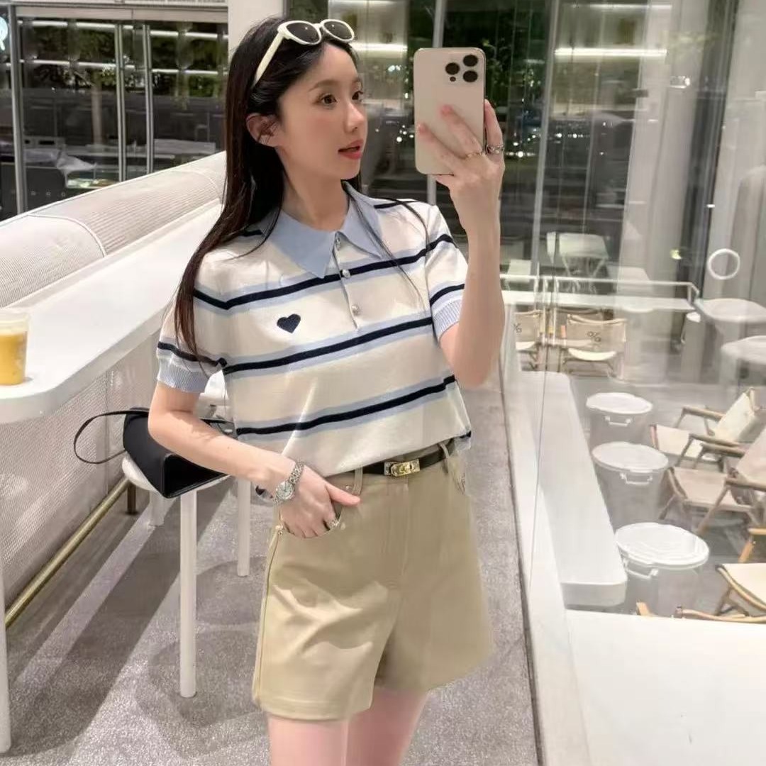 夏季新款POLO針織衫女韓系設計感條紋愛心甜美學院風ins上衣