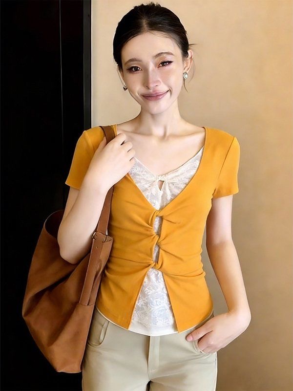夏季新款假兩件蕾絲鏤空扭結正肩短袖t恤女好看絕美修身甜辣上衣