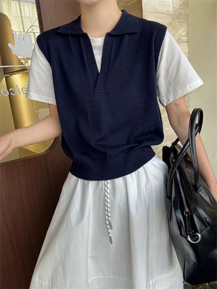 韓系拼接假兩件POLO領短袖女2025春夏新款設計感時尚百搭顯瘦體恤