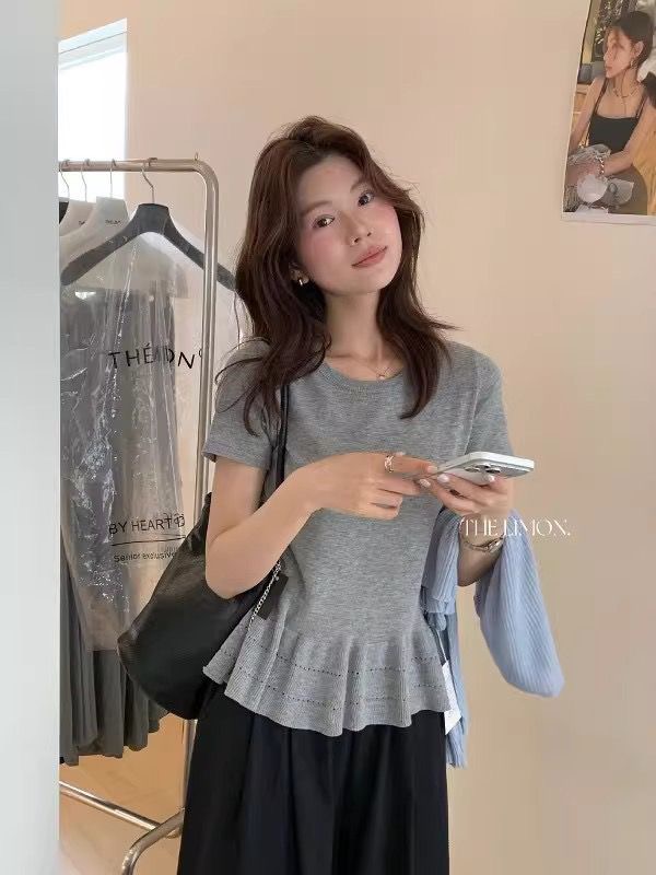 檸檬綠茶韓版百搭褶皺花邊收腰短袖針織衫女夏季上衣潮