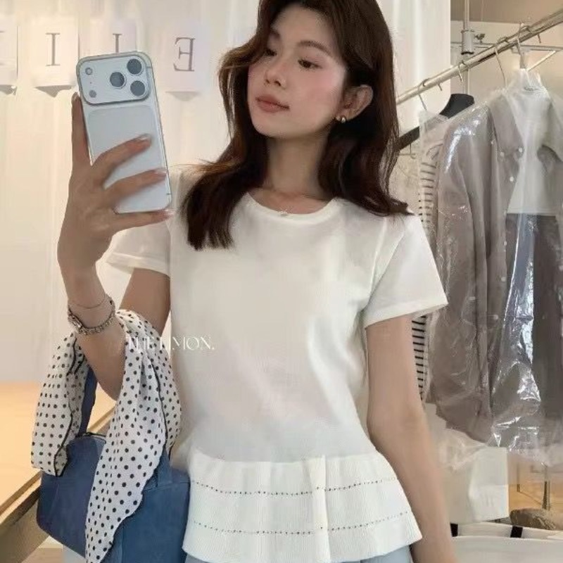 檸檬綠茶韓版百搭褶皺花邊收腰短袖針織衫女夏季上衣潮