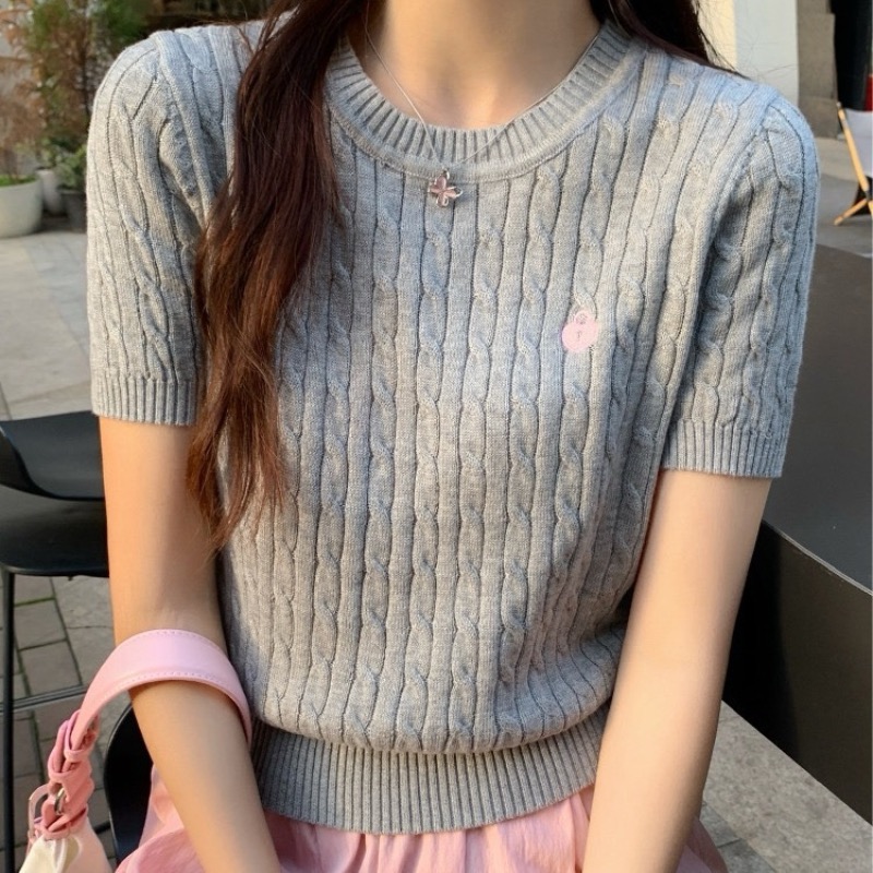 短袖t恤女夏季新款修身顯瘦百搭黃色麻花復古短款針織衫洋氣上衣