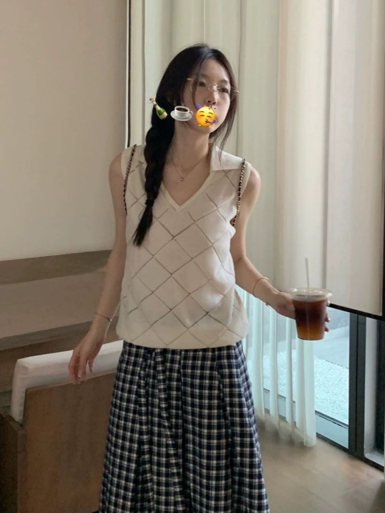 復古休閑菱格紋鏤空針織衫背心女2025新款夏季設計感修身無袖上衣