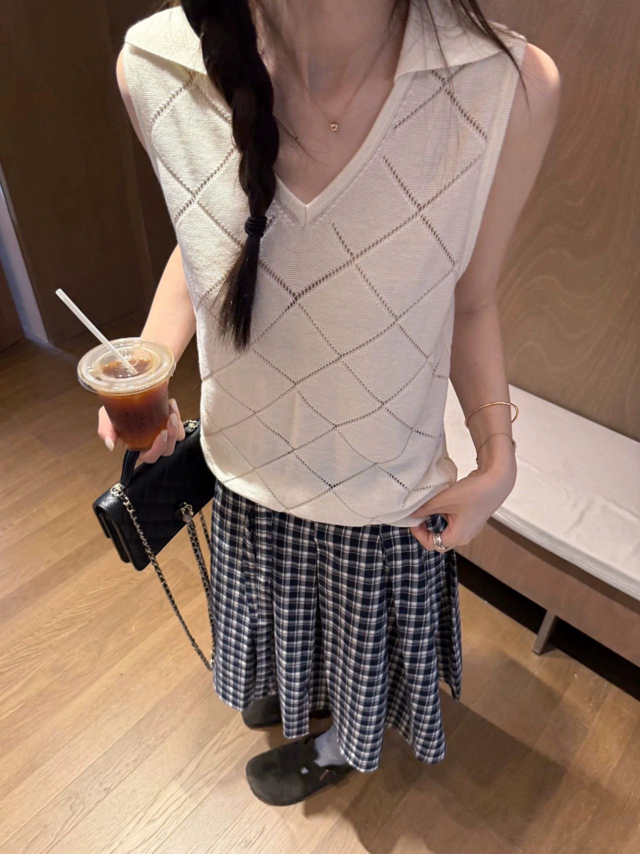 復古休閑菱格紋鏤空針織衫背心女2025新款夏季設計感修身無袖上衣