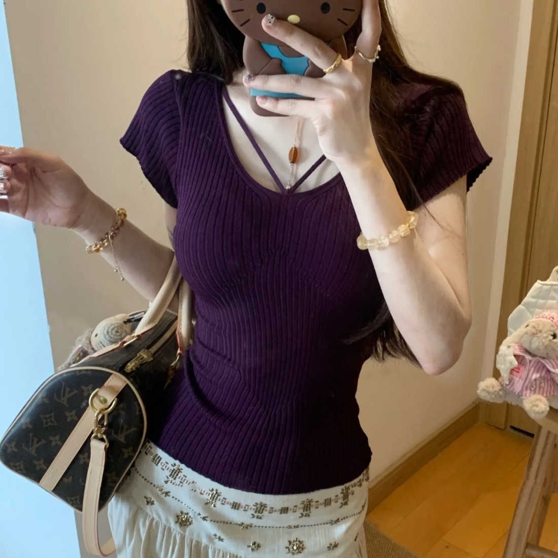 包芯紗 獨特漂亮紫色針織小飛袖T恤女巨好看修身顯瘦短袖小上衣