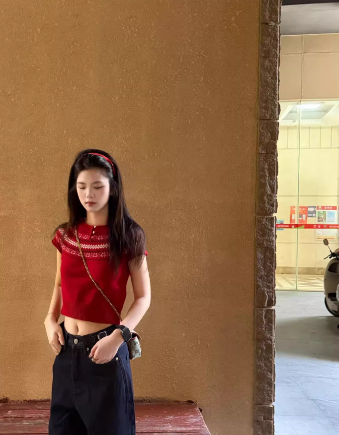 巨好看的紅色費爾島針織毛衣短袖t恤女春夏新款修身顯瘦套頭上衣