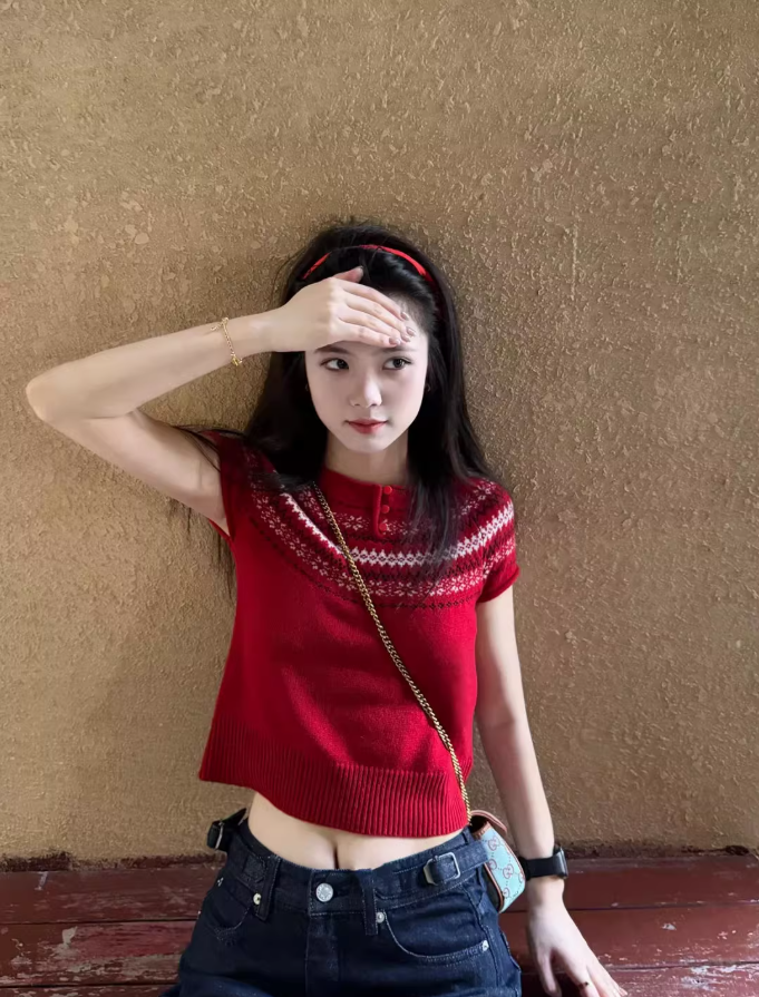 巨好看的紅色費爾島針織毛衣短袖t恤女春夏新款修身顯瘦套頭上衣